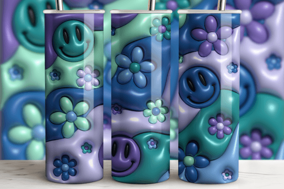 3D Blue, Teal, Purple, Retro Smiley, Daisy tumbler