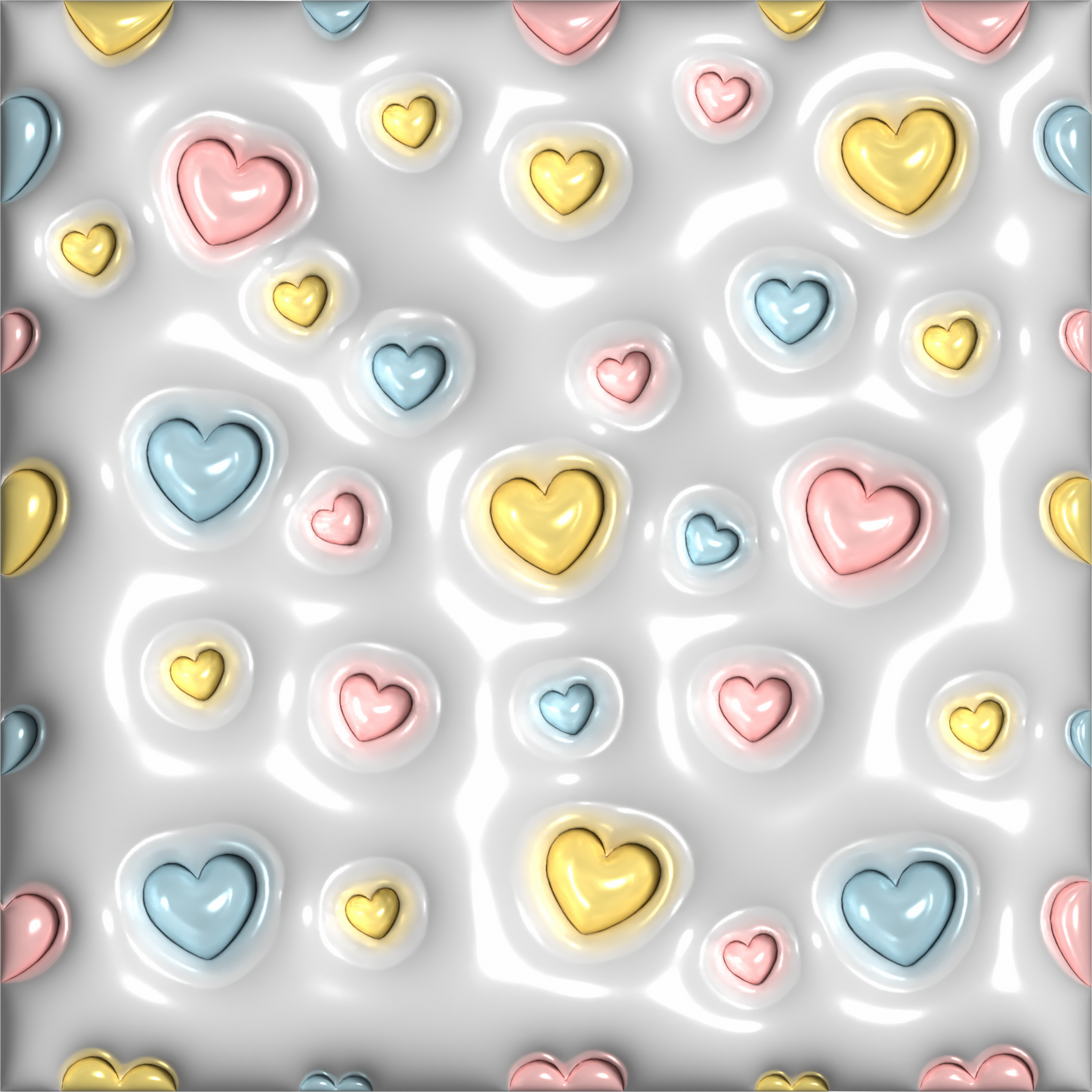 3D Inflated Tumbler with pink, yellow and blue hearts on a white background