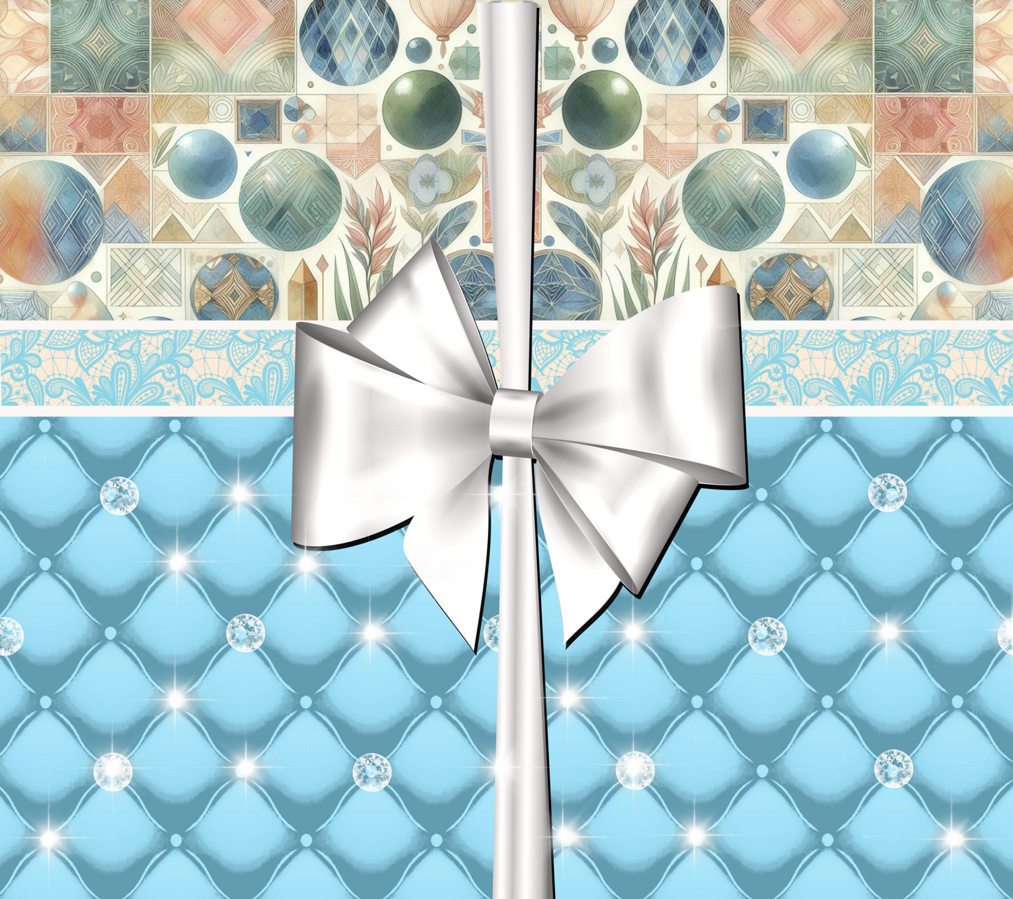 Blue, white bow, and colorful patterns