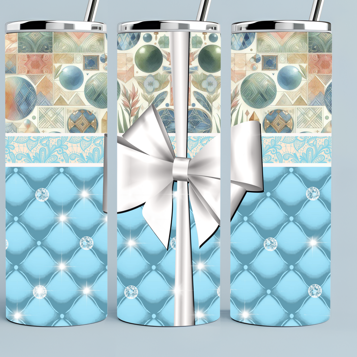 Blue, white bow, and colorful patterns