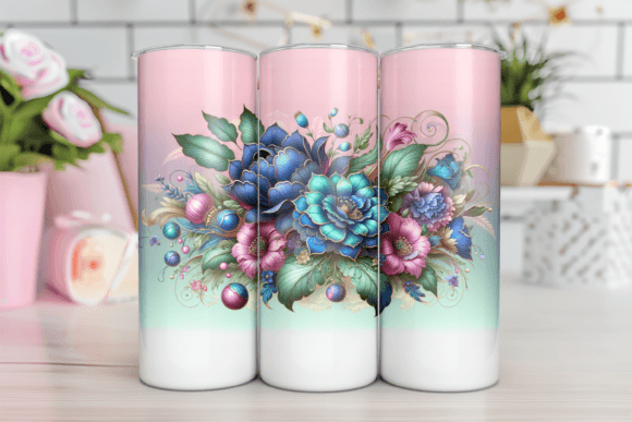 Bright blue, pink, green flowers on a tumbler