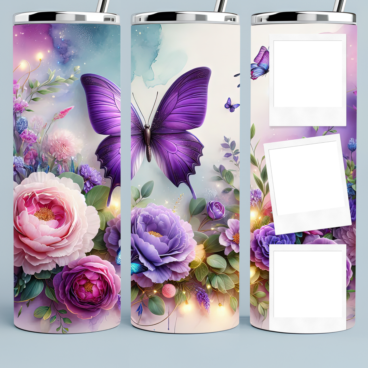 Customized purple butterfly tumbler with your own pictures added