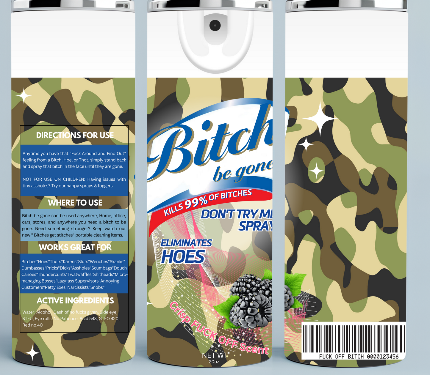 Camouflage colored Bitch Be Gone Spray