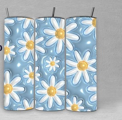 3D Light Blue and White Daisy tumbler