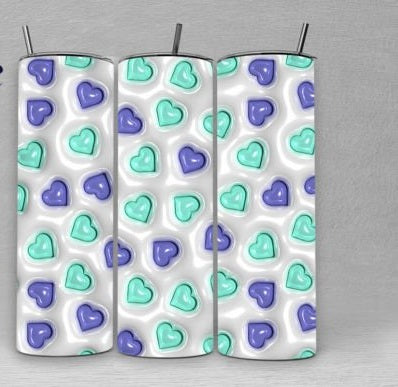 3D Inflated hearts light green and purple
