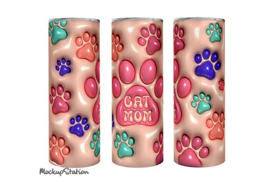 3D Inflated Cat Mom Paw Print in pink, purple, and green