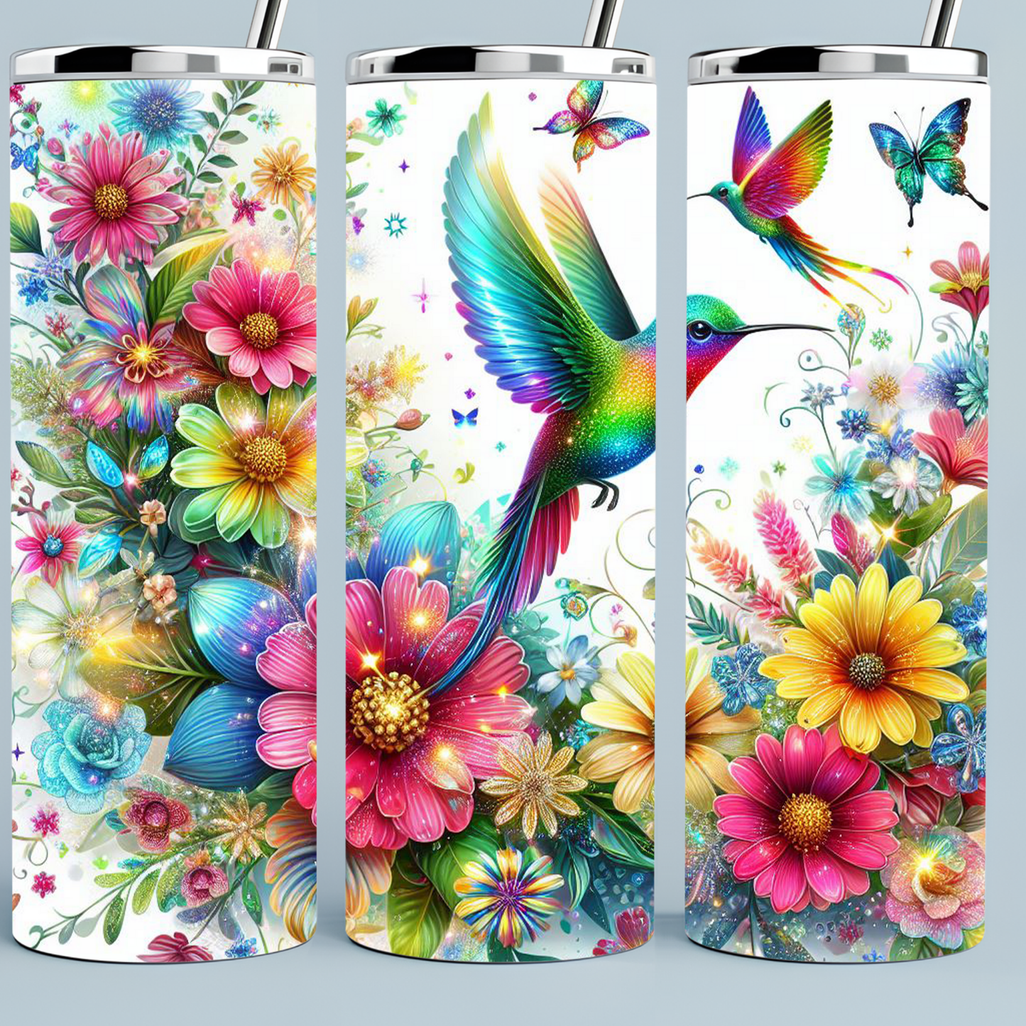 Brightly Colored Flowers and Hummingbird Tumbler