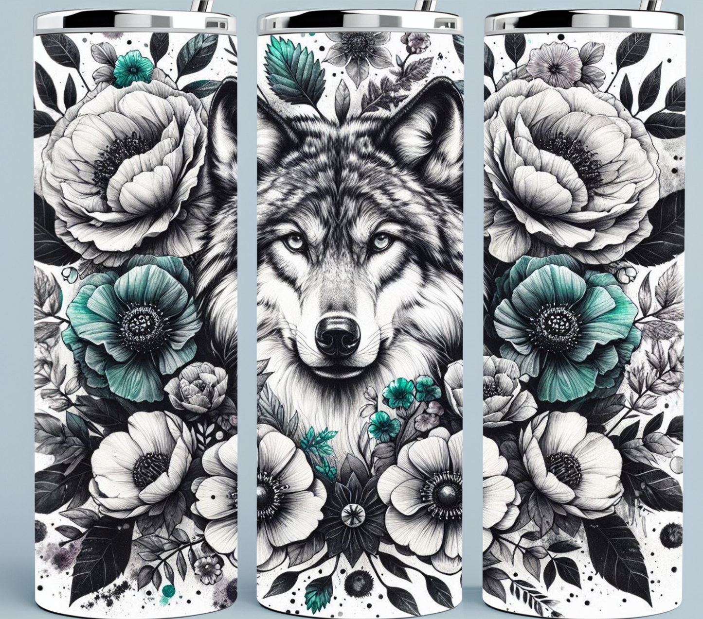 Black and White Wolf Tumbler with teal flowers