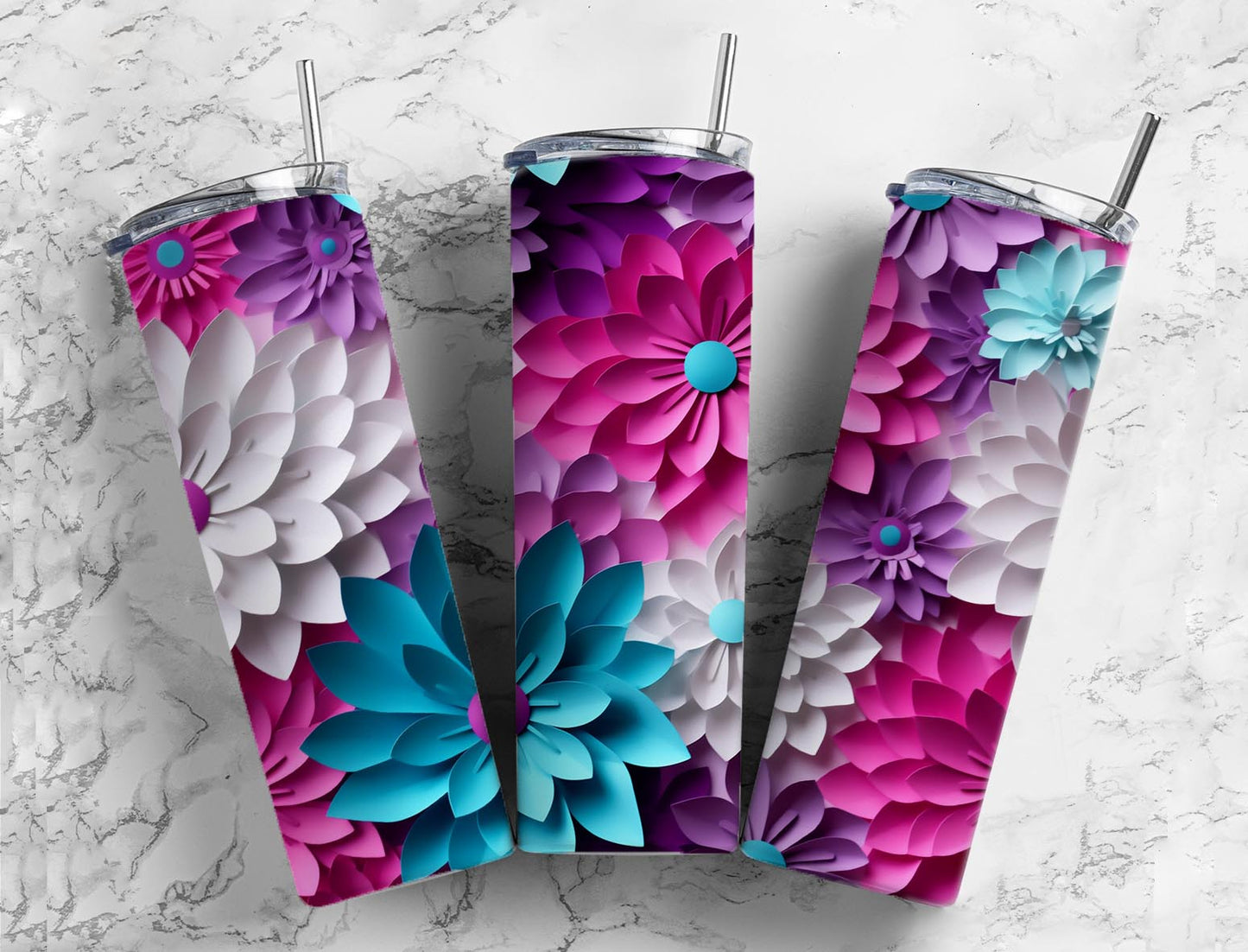 Colorful purple, teal, pink, and white daisy tumbler