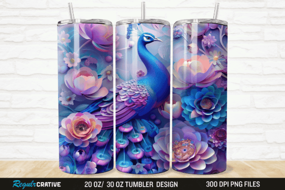 Brightly colored peacock tumbler with pink and blue flowers