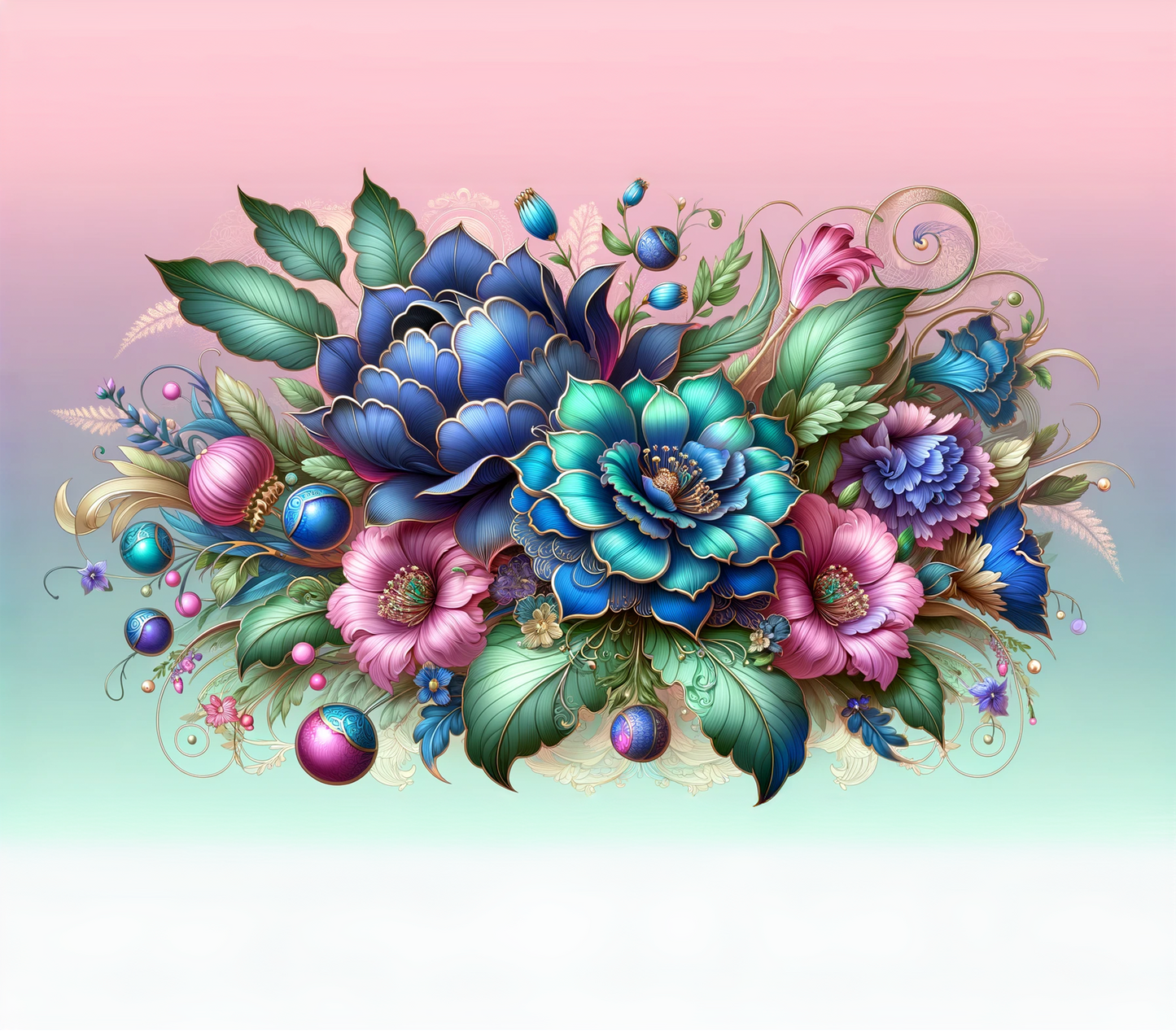 Bright blue, pink, green flowers on a tumbler