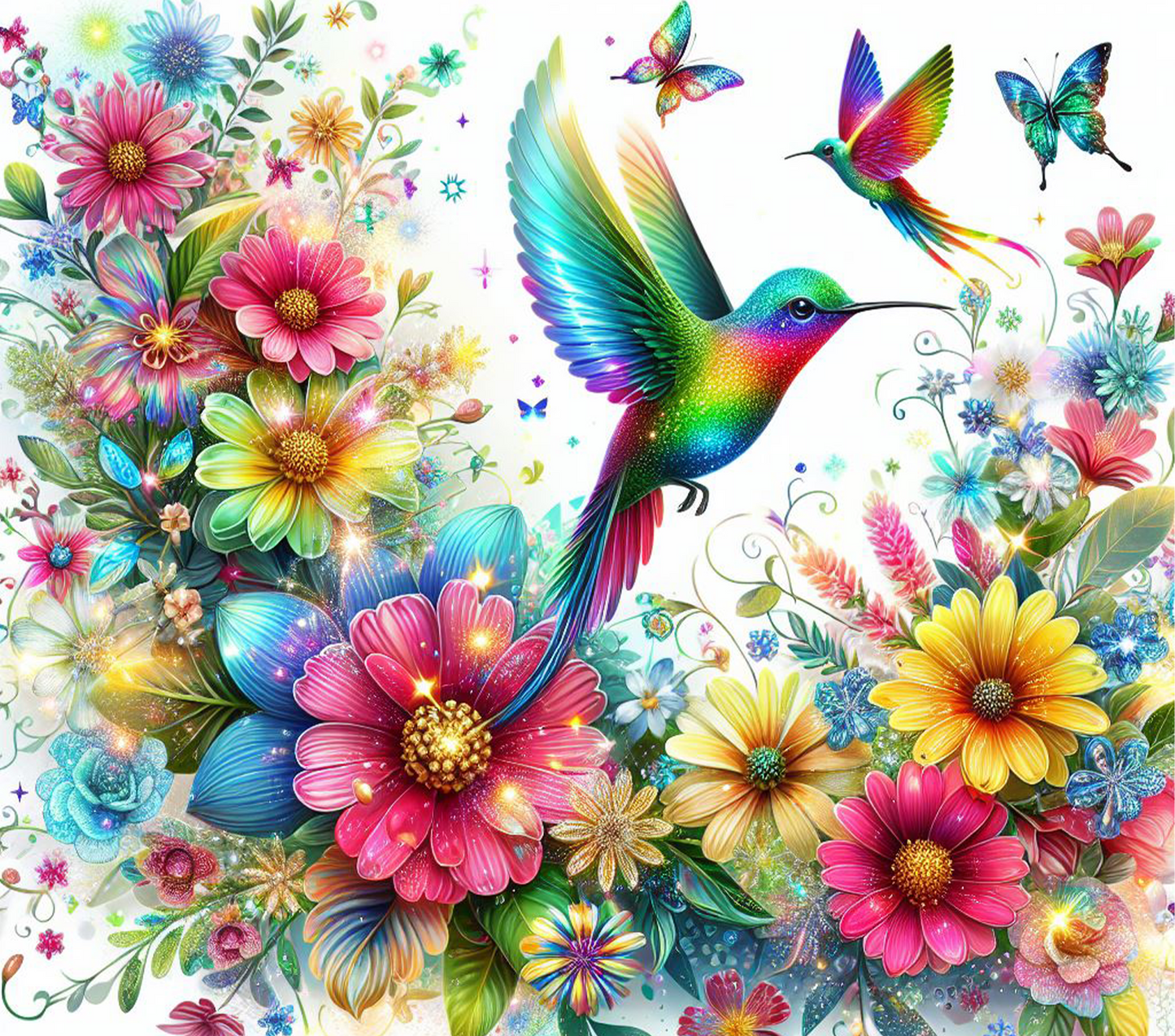 Brightly Colored Flowers and Hummingbird Tumbler